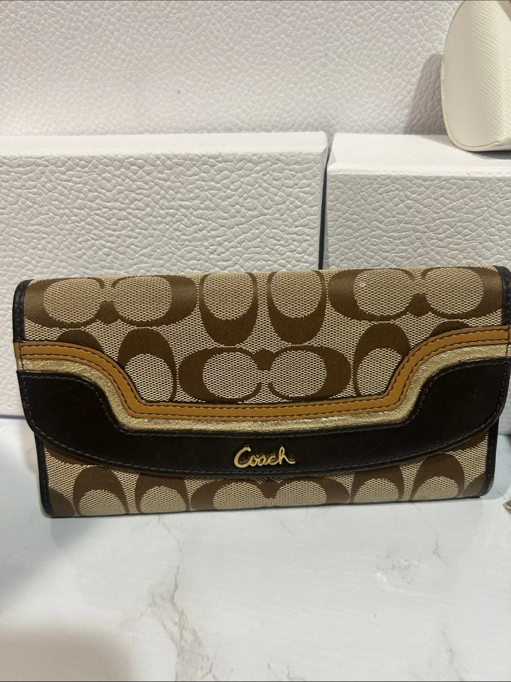 Coach Signature Canvas Trifold Wallet in Brown and Tan - Picture 1 of 8